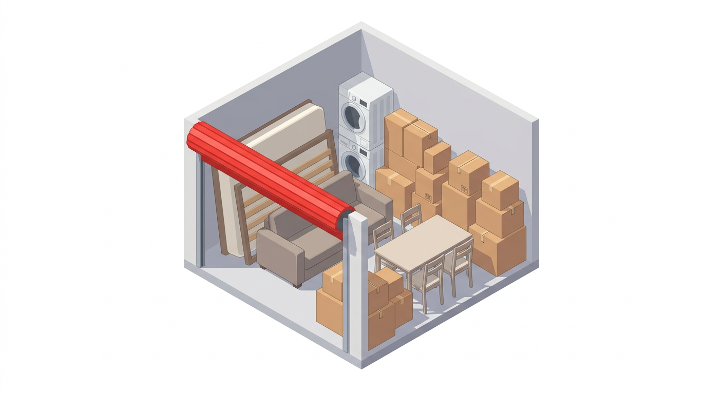 Illustration of a 10' x 10' storage unit packed with bedroom set and living room furniture